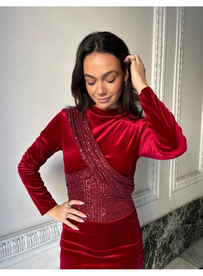 Robe de soirée midi en velours et paillettes