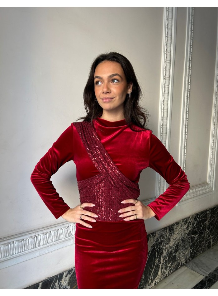 Robe de soirée midi en velours et paillettes