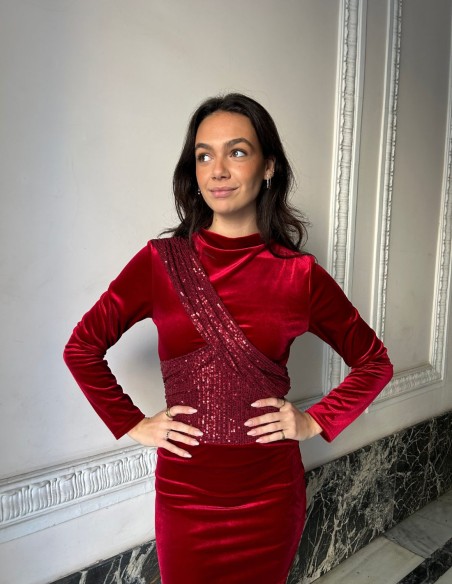 Vestido midi de fiesta en terciopelo y lentejuelas