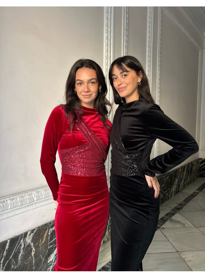 Robe de soirée midi en velours et paillettes