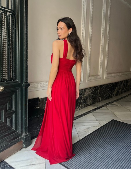 Evening Dress with Halter Neckline and Rhinestone Detailing