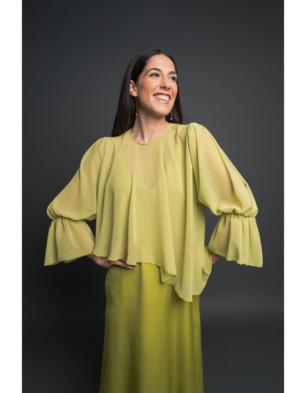 Lime green midi party dress with flowing skirt 2