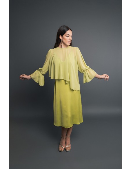Robe de soirée midi vert citron avec jupe fluide