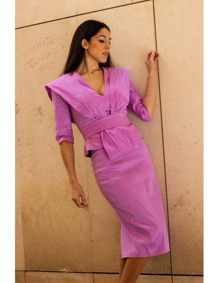 Pink party set top with shoulder pads and straight pencil skirt