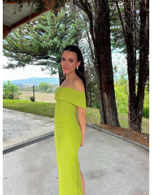 Long party dress with bardot neckline and back opening 2