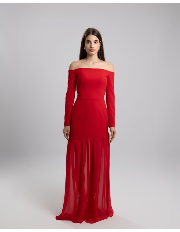 Vestido largo de fiesta rojo con escote bardot y volante...