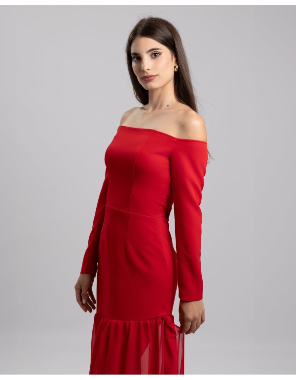 Long red party dress with bardot neckline and ruffle on... 2