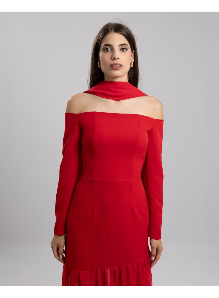 Vestido largo de fiesta rojo con escote bardot...