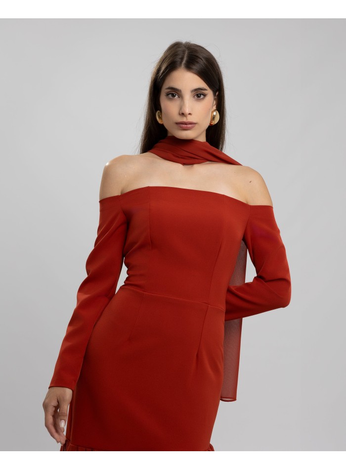 Tile long dress with bardot neckline and...