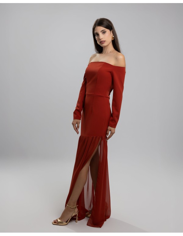 Tile long dress with bardot neckline and chiffon ruffle... 2