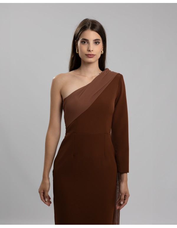 Robe de soirée midi marron à encolure asymétrique 2