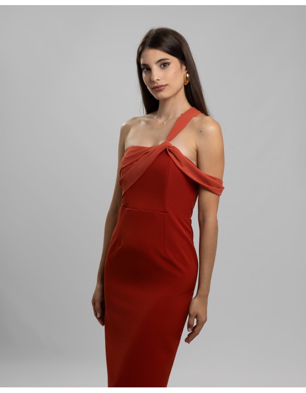 Long tile party dress with asymmetrical chiffon neckline