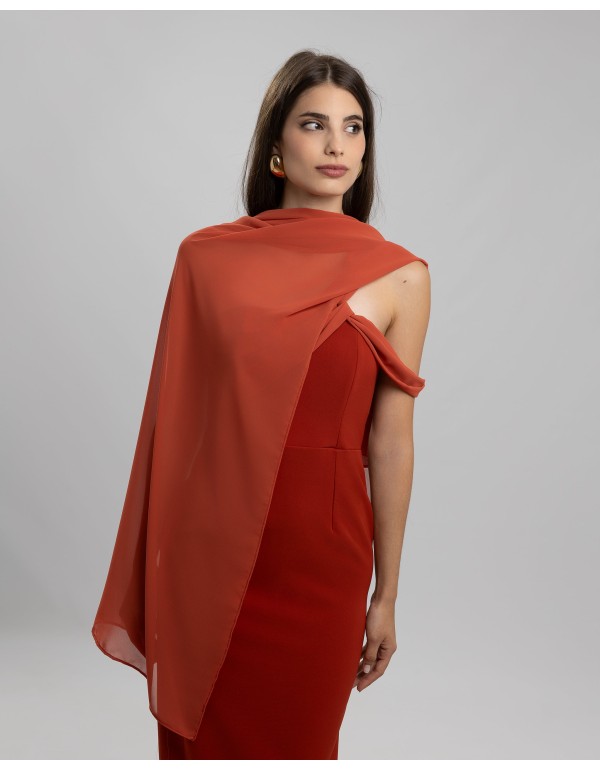 Vestido largo de fiesta teja con escote asimétrico de gasa 2