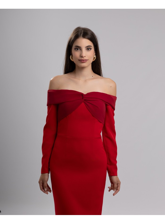 Midi party dress with bardot neckline with long...
