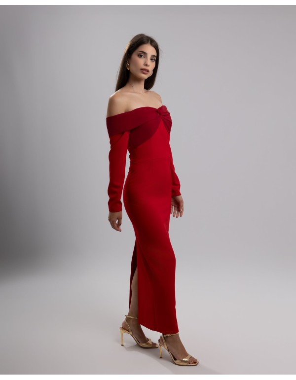 Vestido de fiesta midi con escote bardot con manga larga 2