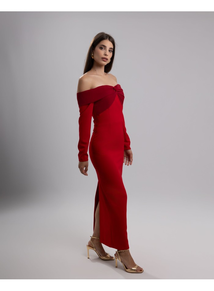 Robe de soirée midi avec encolure bardot et...