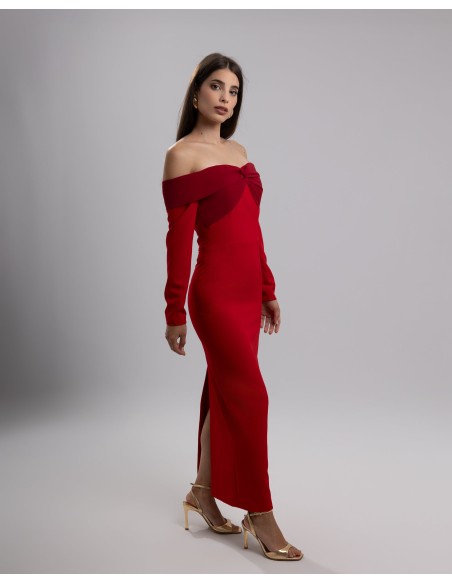 Midi party dress with bardot neckline with long sleeves