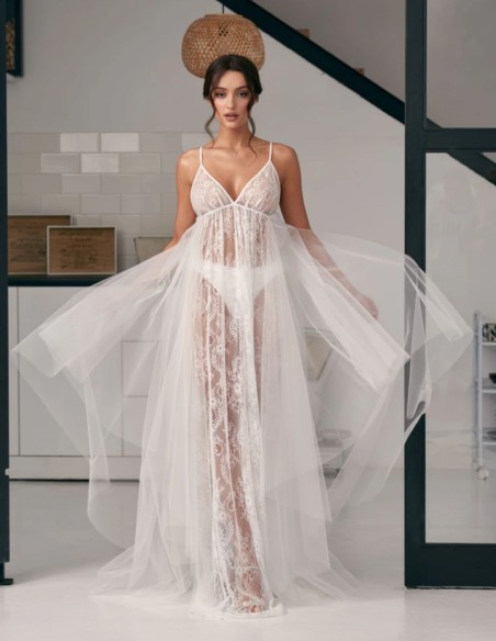 Ivory chiffon and lace bridal gown with straps