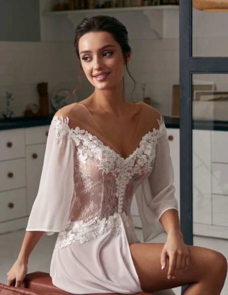 Long ivory wedding nightgown with floral lace bodice