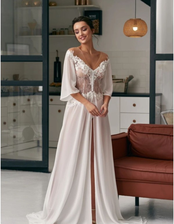 Long ivory wedding nightgown with floral lace bodice