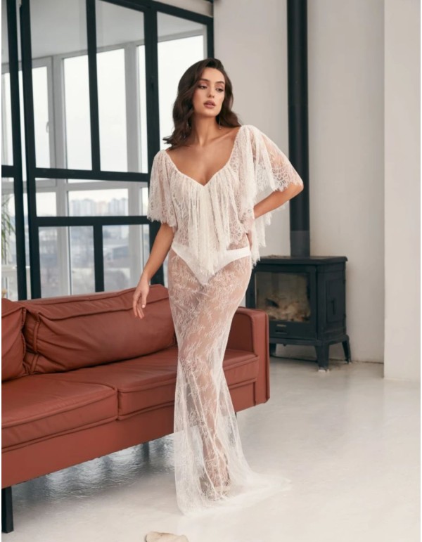 Ivory lace wedding gown with maxi ruffle neckline 2