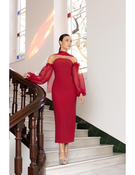 Midi party dress with chiffon sleeves and shawl