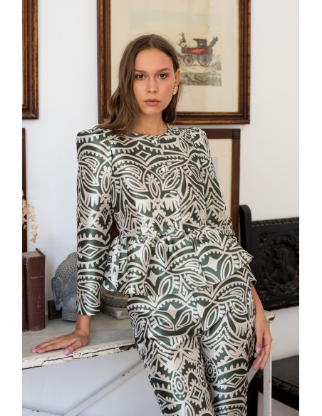 Party blouse with peplum ruffle and puffed sleeves