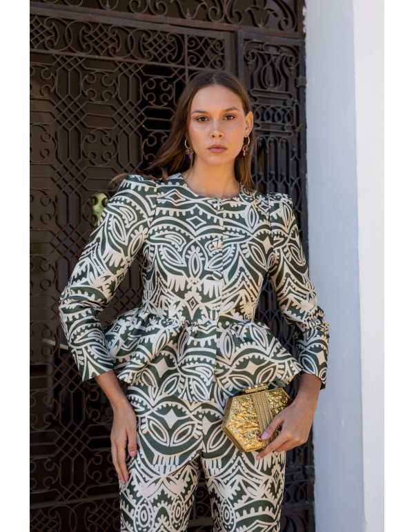 Blusa de fiesta con volante peplum y mangas abullonadas 2