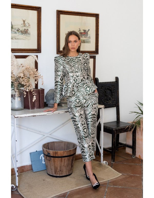 Pantalon droit imprimé vert olive et beige