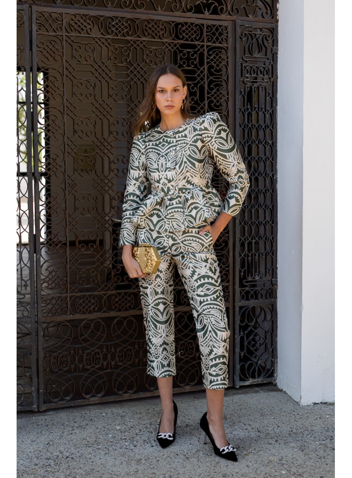 Pantalon droit imprimé vert olive et beige