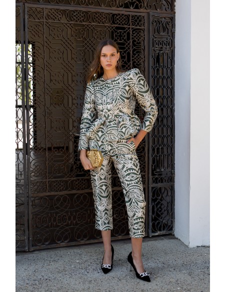 Olive green and beige printed straight pants