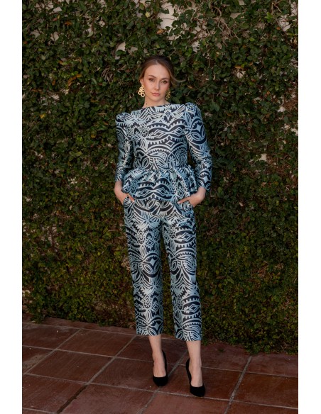 Blue printed cropped straight pants