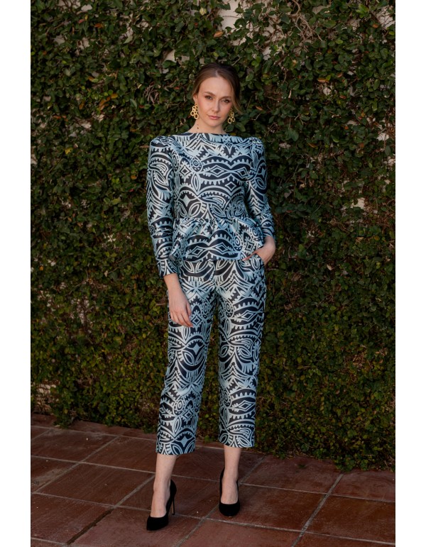 Blue printed cropped straight pants 2