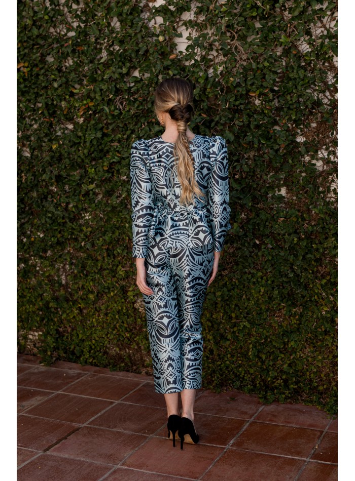 Blue printed cropped straight pants