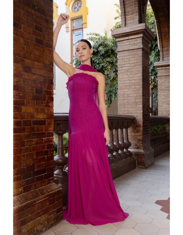 Raspberry brocade long party dress with shawl