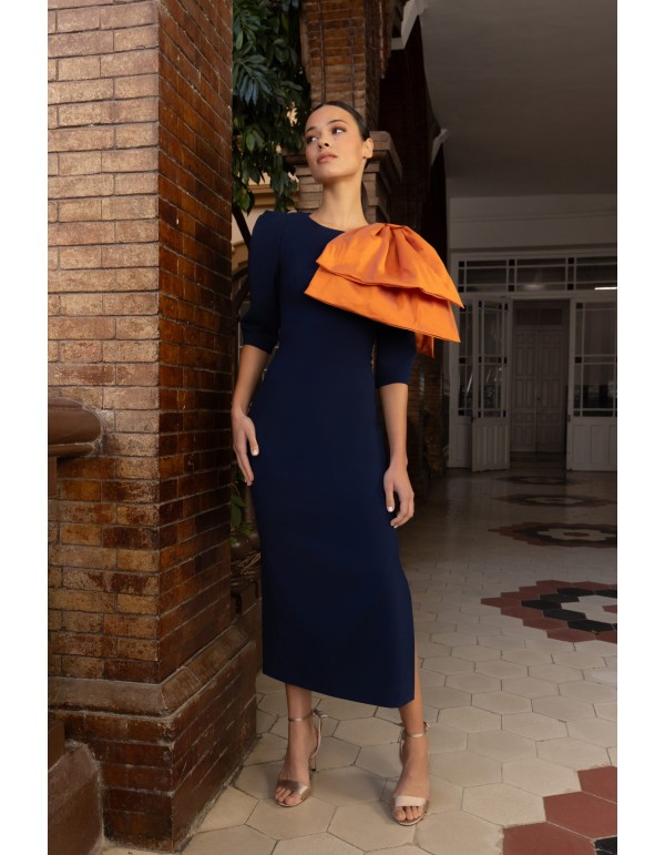 Midi party dress with detachable voluminous ribbon bow