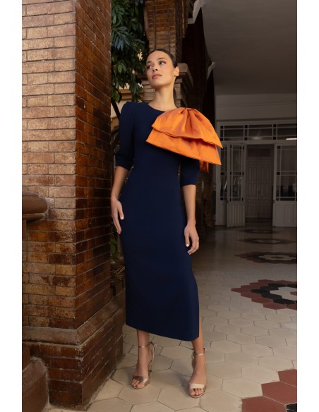 Midi party dress with detachable voluminous ribbon bow