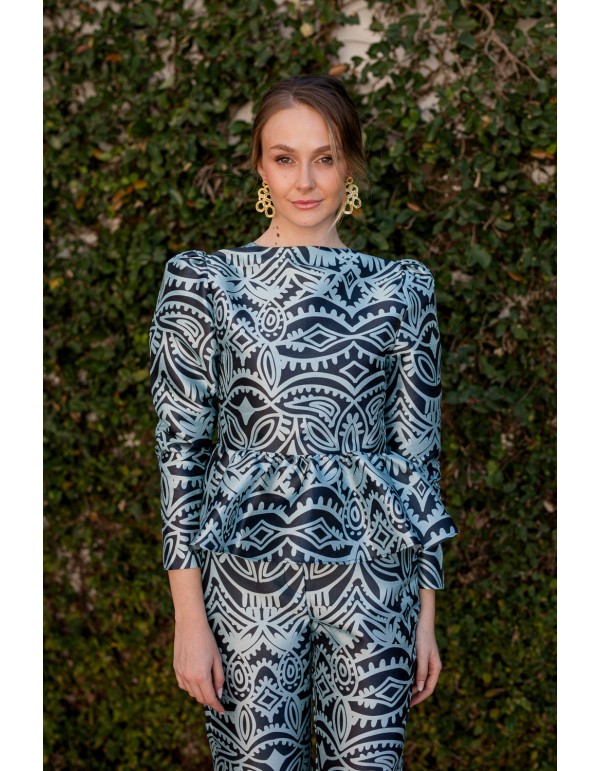 Chemisier de fête à volants imprimé bleu