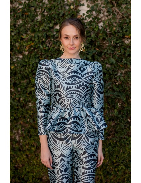 Blusa de fiesta con volante peplum estampado azul