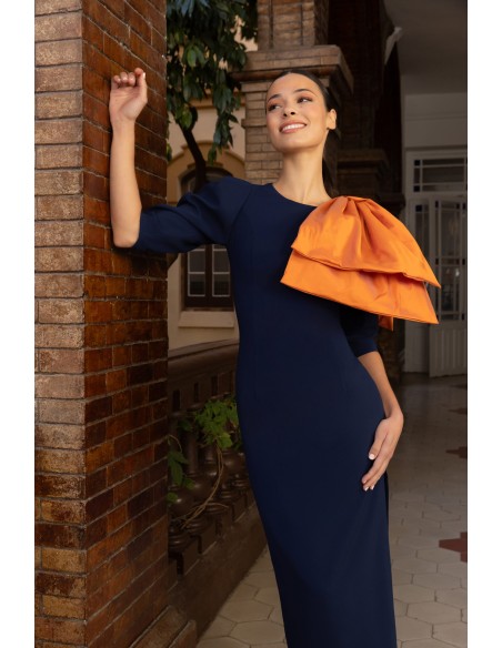 Midi party dress with detachable voluminous ribbon bow