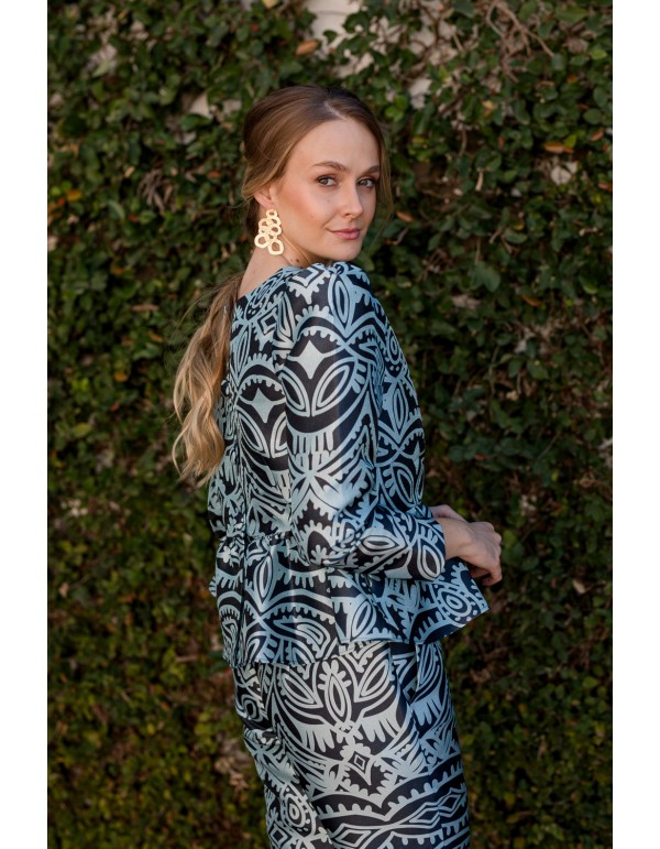 Party blouse with peplum ruffle blue print 2