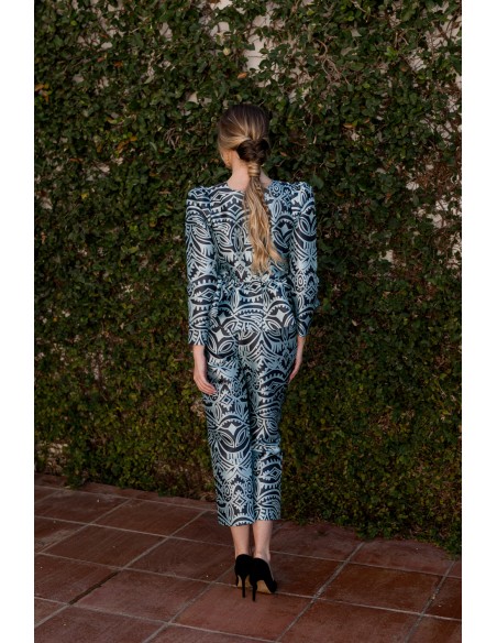 Blusa de fiesta con volante peplum estampado azul