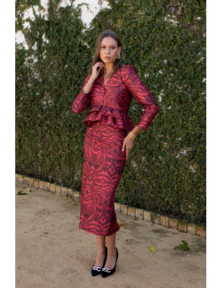 Red printed pencil skirt with back slit