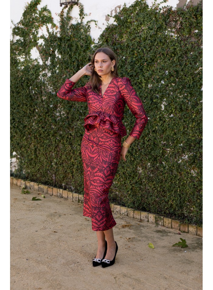 Red printed pencil skirt with back slit