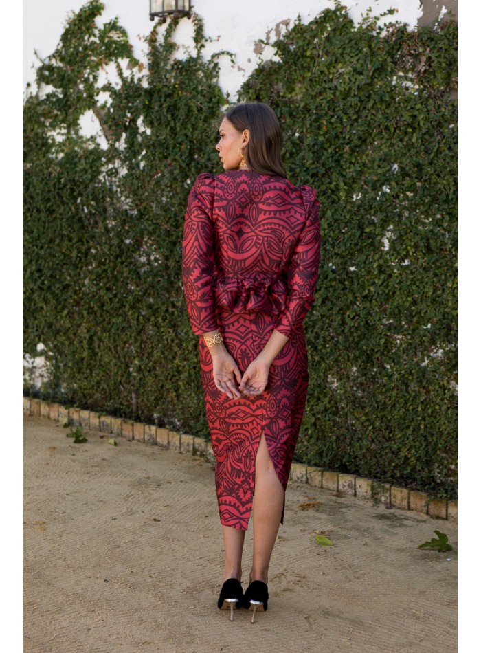 Red printed pencil skirt with back slit