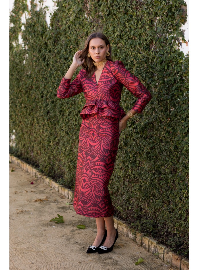 Jupe crayon imprimée rouge avec fente au dos