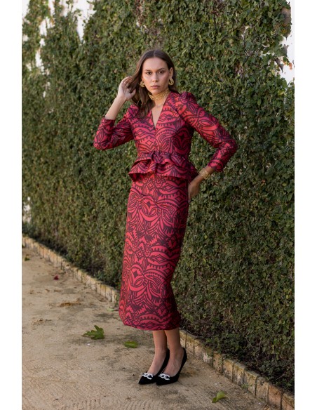 Falda lápiz estampado roja con abertura trasera