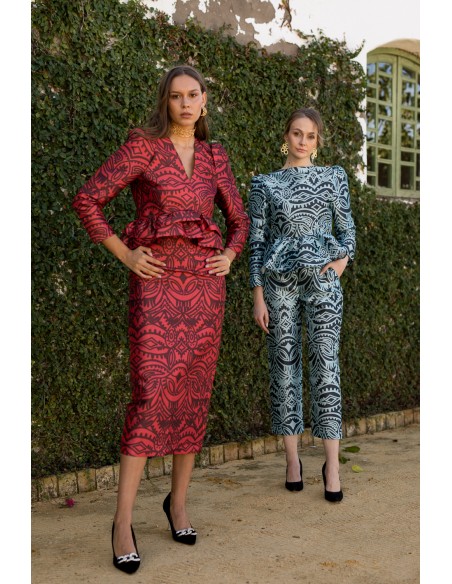 Red printed pencil skirt with back slit