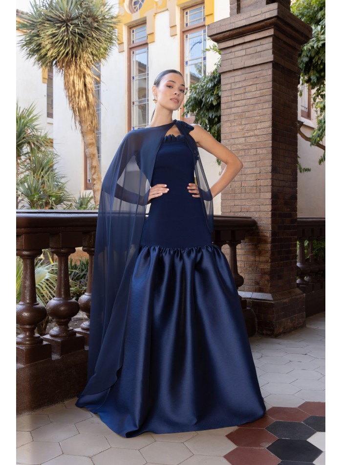 Vestido largo de fiesta con escote fruncido y...