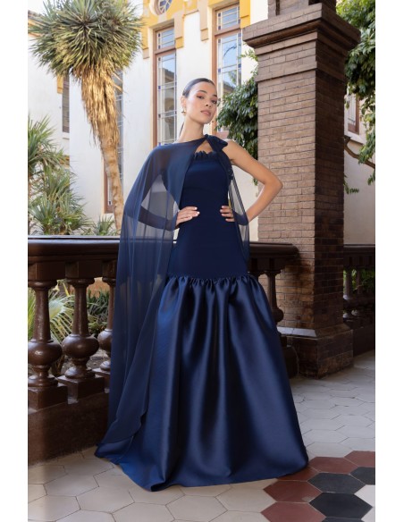 Long party dress with ruffled neckline and mikado skirt